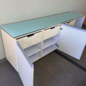 DFM, Avion Veneer Credenza 1M Clear Maple finish, Frosted Glass top, 96"x20"Dx30"H