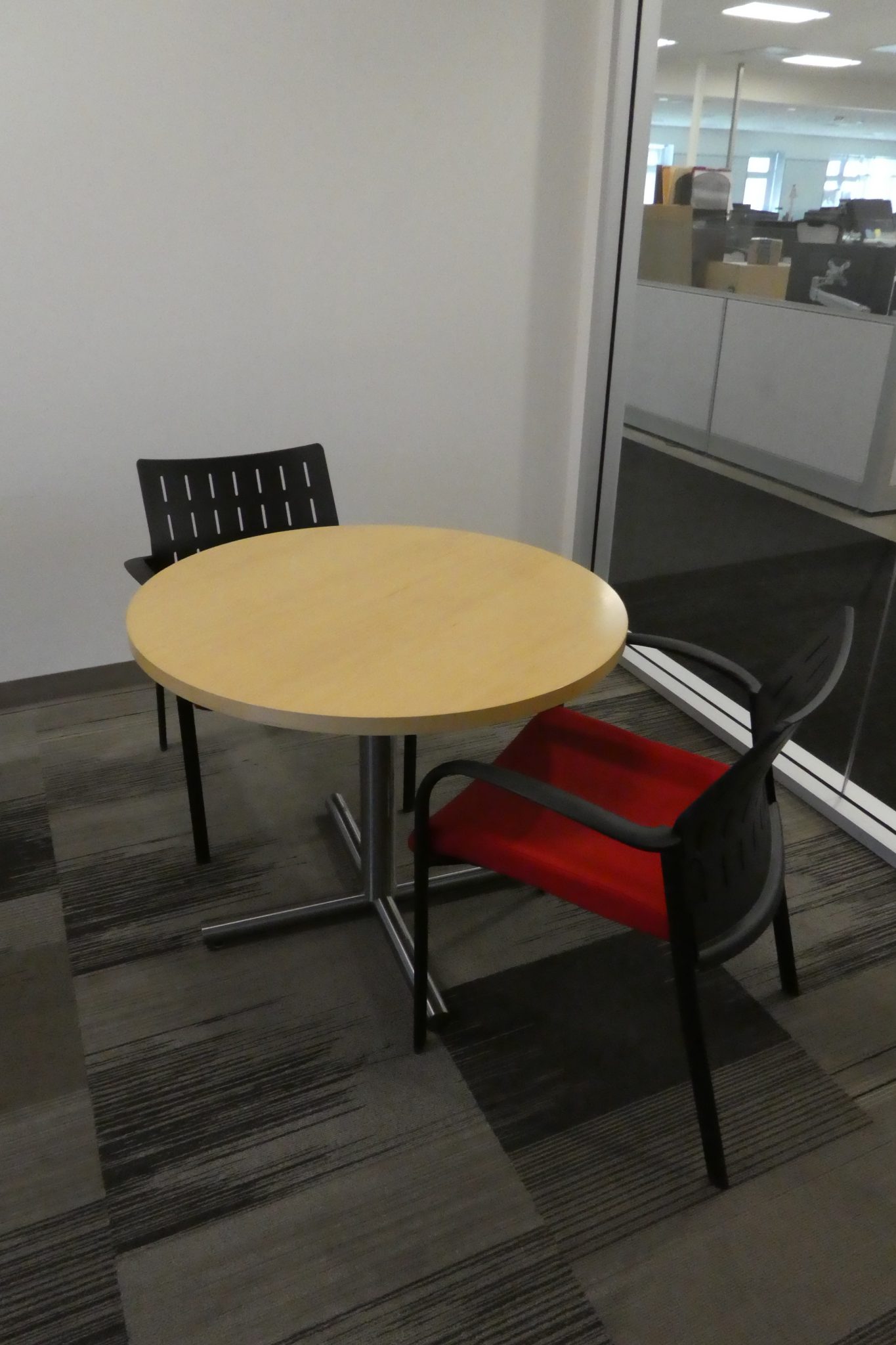 Maple round table with silver base, available in 30" and 36"