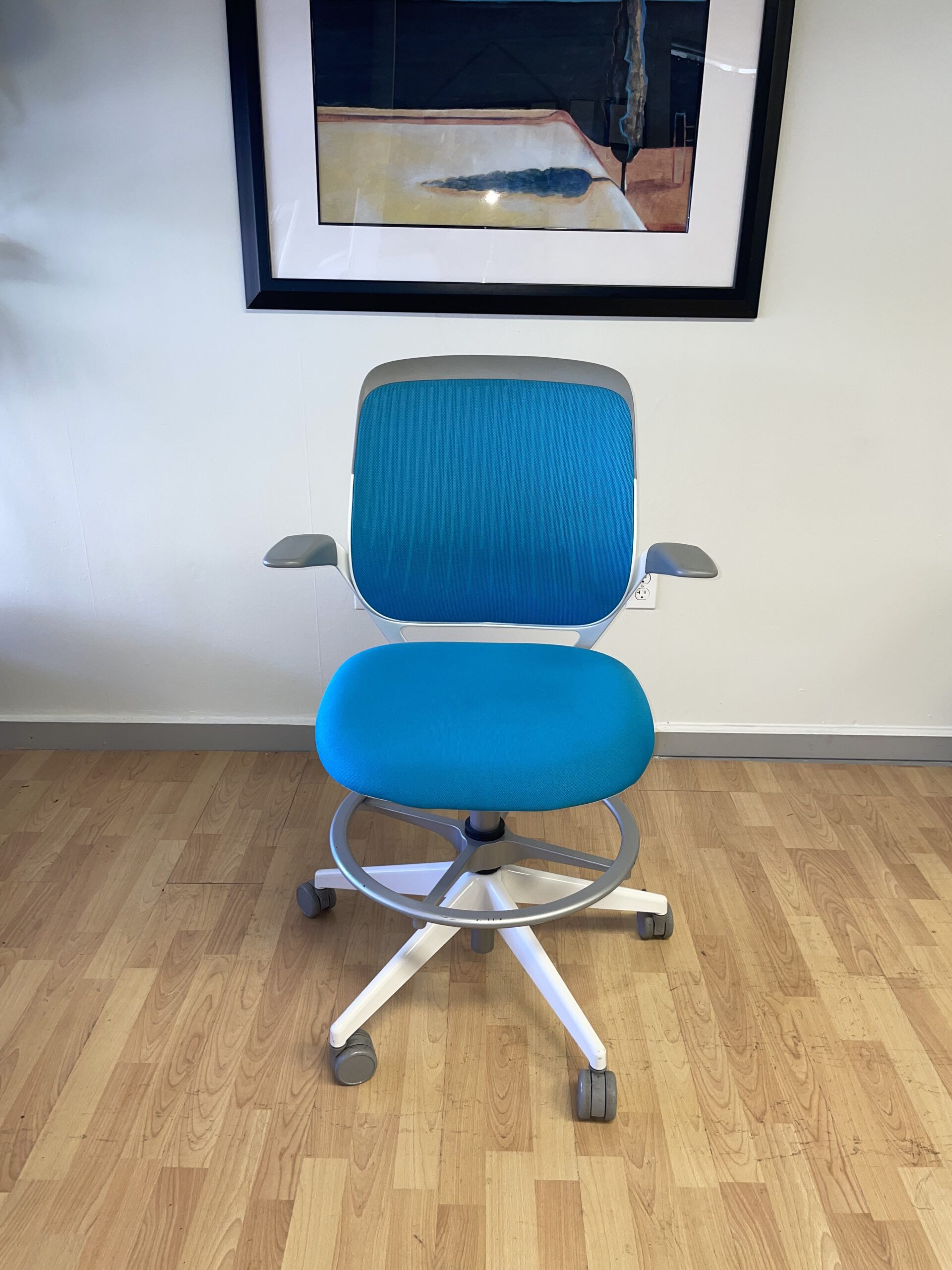 Steelcase, Cobi Drafting Chair, Task Stool, Teal Fabric with Silver and White Framing