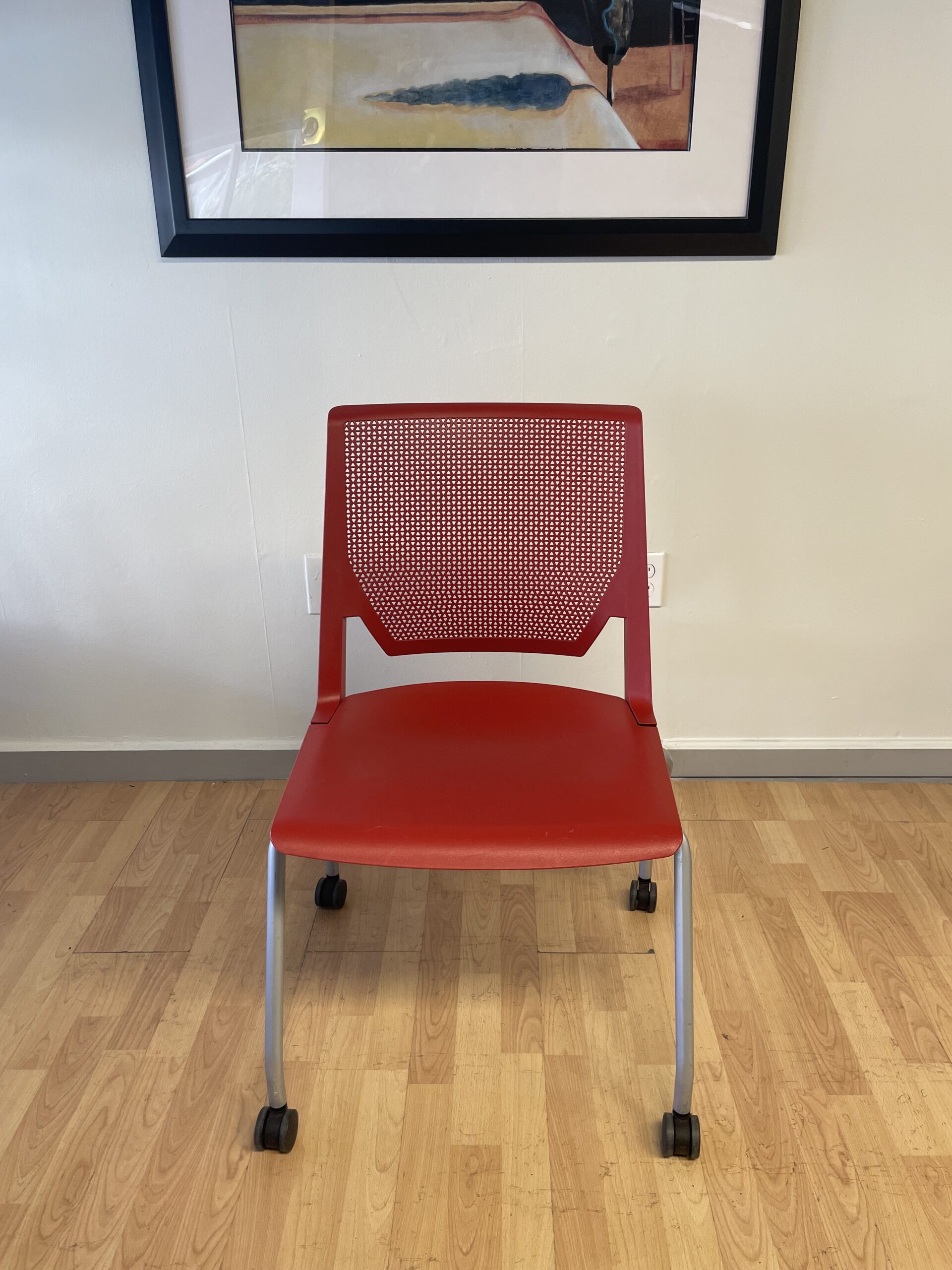 Haworth, Multi-Purpose, Stackable Chair, Red With Silver Frame