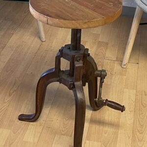 Vintage Industrial Stool, With Adjustable Crank, Wood, Metal Base