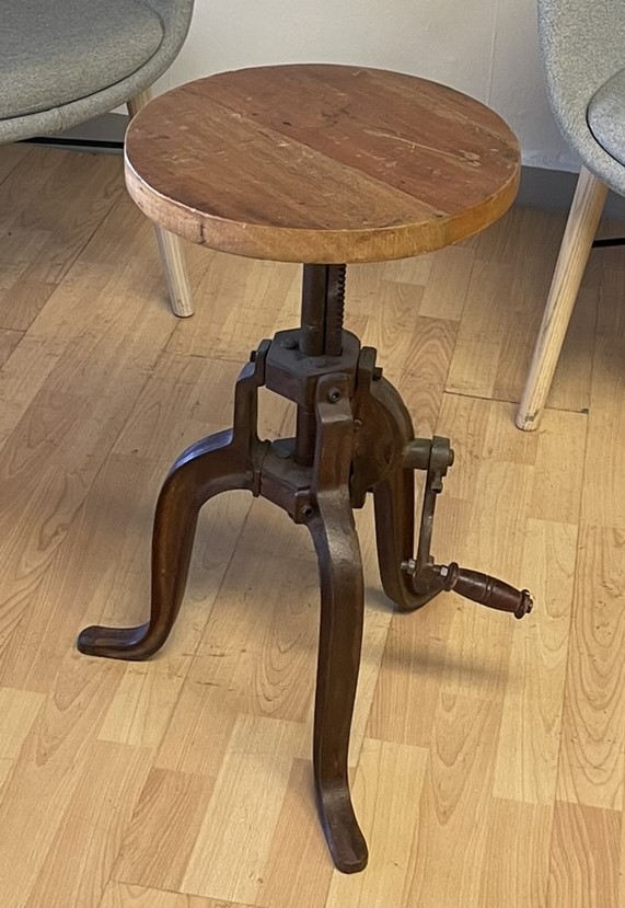 Vintage Industrial Stool, With Adjustable Crank, Wood, Metal Base